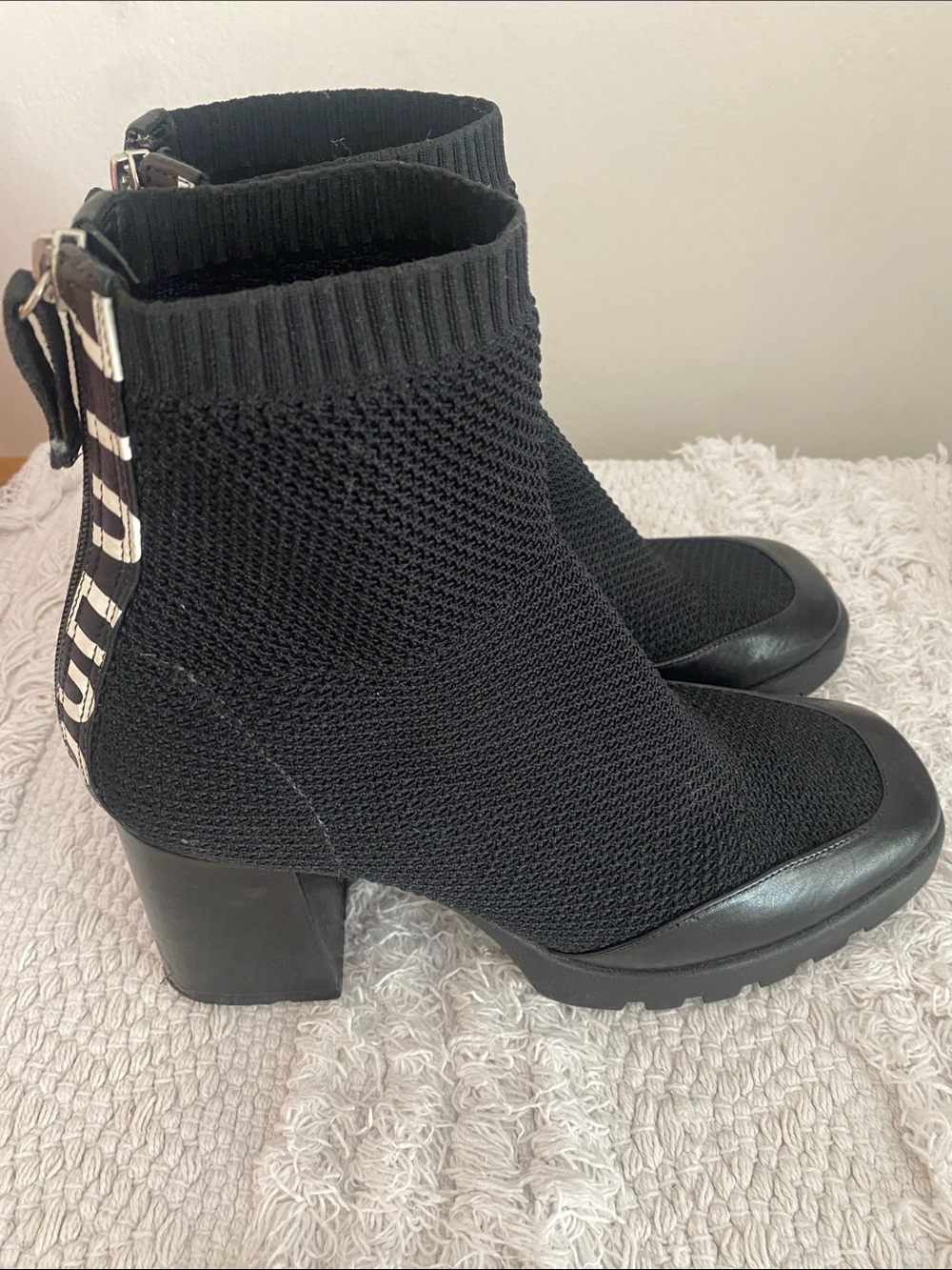 Chunky Heel Black Knit Ankle Boots with Back Logo Detail